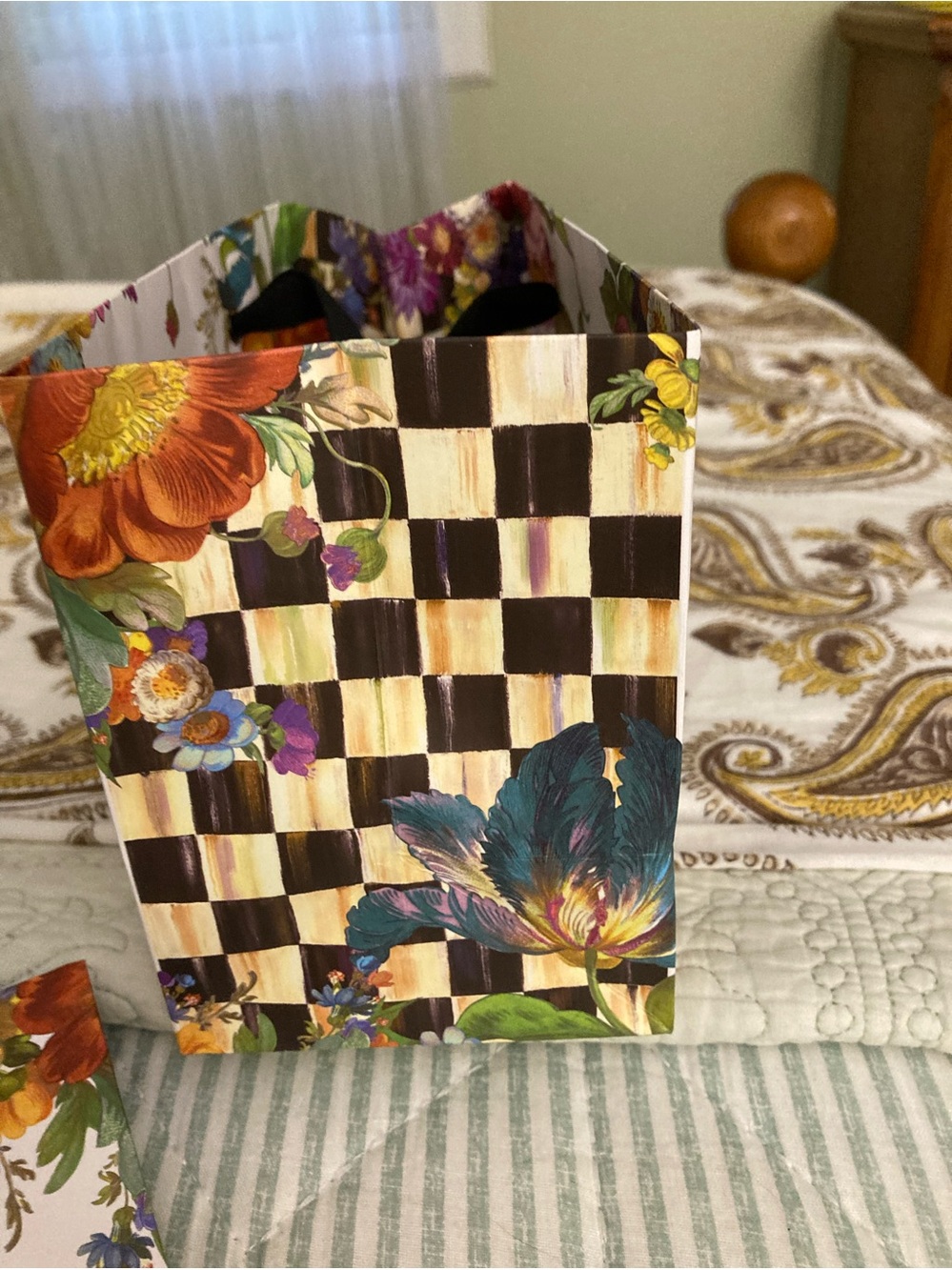 2- MINI MacKenzie-Childs Floral Gift Bags Black Grosgrain Ribbon Handles - Picture 2 of 7